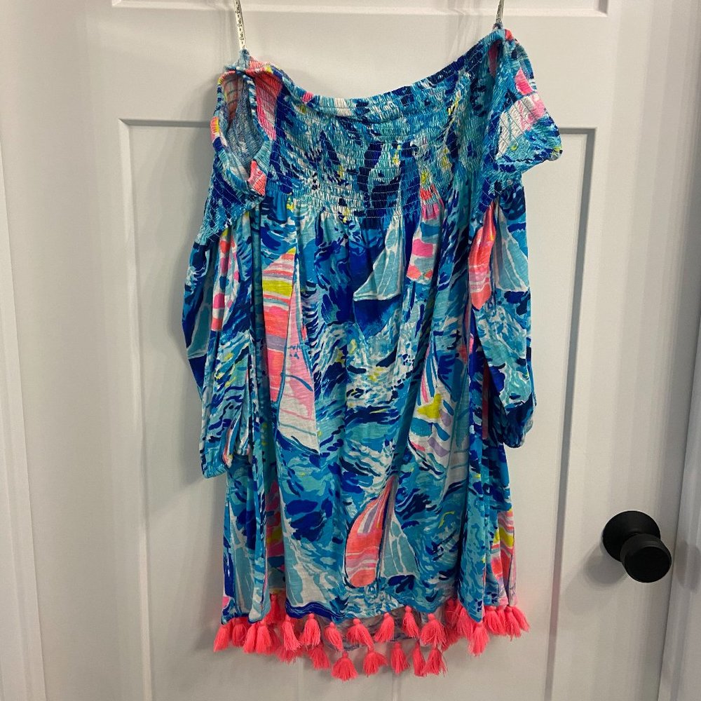 Lilly Pulitzer Hey Bay Bay Dress Off-the-Shoulder with Neon Pink Tassels -Medium